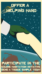 Size: 800x1400 | Tagged: safe, artist:crabs_of_steam, imported from derpibooru, oc, oc:anon, human, pony, holding hooves, planet, propaganda, space, stars, text