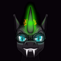 Size: 5500x5500 | Tagged: safe, artist:xexus, imported from derpibooru, oc, oc:interloper, changeling, bust, changeling oc, fangs, glasses, glowing eyes, glowing horn, horn, portrait, profile picture
