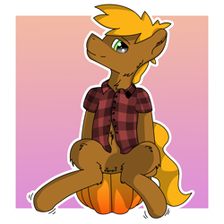 Size: 2400x2400 | Tagged: safe, artist:tav, imported from derpibooru, oc, oc only, oc:mox, pony, clothes, featureless crotch, food, shirt, sitting, smiling, solo