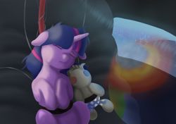 Size: 2000x1405 | Tagged: safe, artist:crabs_of_steam, imported from derpibooru, smarty pants, twilight sparkle, pony, unicorn, apocalypse, colored, destruction, doll, duo, eyes closed, female, filly, madeon, monitor, planet, porter robinson, science fiction, screen, shelter, sleeping, solo, space, toy