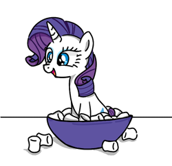 Size: 636x616 | Tagged: safe, artist:buttonmash, imported from derpibooru, rarity, pony, unicorn, bowl, cute, female, food, marshmallow, mlpfim, my little pony, open mouth, rarity is a marshmallow, simple background, sitting, smiling, solo, white background