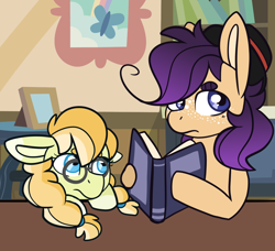 Size: 1392x1272 | Tagged: safe, artist:greyestgray, imported from derpibooru, oc, oc only, oc:anjou smith, oc:honey gold, earth pony, pony, ambiguous gender, book, female, filly, glasses, hat, magical lesbian spawn, offspring, parent:applejack, parent:rarity, parents:rarijack