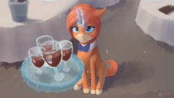 Size: 1280x720 | Tagged: safe, artist:aterhut, imported from derpibooru, oc, oc only, oc:rettie, pony, unicorn, alcohol, bowtie, female, glass, glowing horn, horn, mare, ribbon, servant, solo, tablecloth, vine, waiter, wine, wine glass