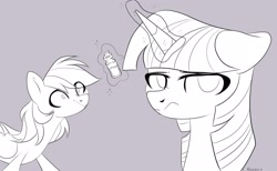 Size: 2600x1600 | Tagged: safe, artist:shiny-dust, artist:xavier12197359, imported from derpibooru, rainbow dash, twilight sparkle, pony, duo, levitation, magic, monochrome, sketch, telekinesis, vial, wip