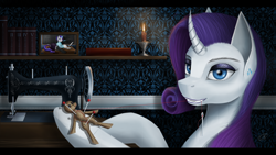 Size: 3920x2205 | Tagged: safe, artist:dezdark, imported from derpibooru, rarity, pony, unicorn, book, bookshelf, bust, candle, chalkboard, clothes, curved horn, cutie mark accessory, cutie mark earrings, ear piercing, earring, female, glasses, glowing horn, horn, jewelry, mare, piercing, pins, portrait, sewing machine, sewing needle, signature, solo, voodoo doll, wallpaper