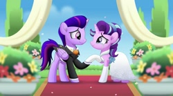 Size: 800x445 | Tagged: safe, artist:jhayarr23, imported from derpibooru, starlight glimmer, oc, oc:stardust sparkle, alicorn, pony, canon x oc, clothes, dress, male, marriage, stallion, suit, wedding, wedding dress