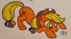 Size: 838x465 | Tagged: safe, artist:strudelgoodness, imported from derpibooru, applejack, frog, pony, solo, traditional art