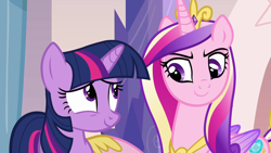 Size: 1280x720 | Tagged: safe, imported from derpibooru, screencap, princess cadance, twilight sparkle, alicorn, pony, unicorn, games ponies play, duo, female, mare, sisters-in-law, smiling, unicorn twilight