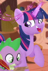 Size: 1070x1584 | Tagged: safe, artist:shiny-dust, artist:xavier12197359, imported from derpibooru, spike, twilight sparkle, dragon, pony, duo, female, glowing horn, golden oaks library, happy, horn, magic, magic aura, male, mare, open mouth, quill