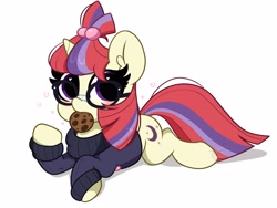 Size: 4096x3072 | Tagged: safe, artist:kittyrosie, imported from derpibooru, moondancer, pony, unicorn, blushing, clothes, cookie, cute, dancerbetes, female, food, glasses, looking at you, mare, mouth hold, simple background, solo, sweater, white background