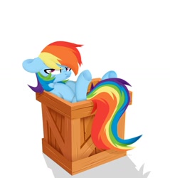 Size: 1280x1341 | Tagged: safe, artist:shiny-dust, imported from derpibooru, rainbow dash, pegasus, pony, box, crate, floppy ears, grumpy, grumpy dash, if i fits i sits, pony in a box, rainbow dash is not amused, simple background, solo, unamused, white background