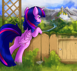 Size: 2048x1883 | Tagged: safe, artist:exploretheweb, imported from derpibooru, twilight sparkle, alicorn, pony, butt, castle, cloud, daytime, female, fence, gate, mare, mountain, multicolored mane, multicolored tail, plot, purple eyes, purple fur, purple wings, river, scenery, solo, tomboy, tree, twibutt, twilight sparkle (alicorn), water, wings