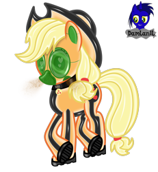 Size: 3840x4154 | Tagged: safe, artist:damlanil, imported from derpibooru, applejack, earth pony, pony, boots, clothes, collar, commission, cowboy hat, cutie mark collar, female, gas mask, hat, hazmat pony drone, heart, heart eyes, latex, looking at you, mare, mask, raised hoof, rubber, rubber drone, shiny, shiny mane, shoes, show accurate, simple background, solo, transformation, transparent background, vector, wingding eyes