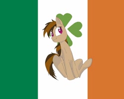 Size: 1024x820 | Tagged: safe, artist:puppysoftpaws, imported from derpibooru, oc, oc only, oc:cupcake slash, earth pony, pony, female, flag, ireland, sitting, solo