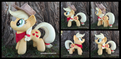 Size: 3570x1754 | Tagged: safe, artist:peruserofpieces, imported from derpibooru, applejack, earth pony, applejack's hat, bandana, cowboy hat, female, hat, irl, mare, photo, plushie, smiling, tree