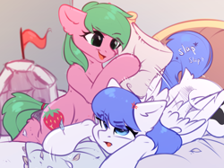 Size: 2732x2048 | Tagged: safe, artist:alphadesu, imported from derpibooru, oc, oc only, oc:pine berry, oc:snow pup, earth pony, pegasus, pony, bed, commission, feather, female, flag, hitting, lying down, mare, pillow, pillow fight, pillow fort, playing, sketch, slap, smiling, ych result