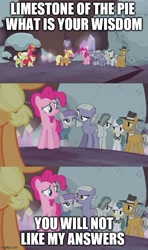 Size: 500x843 | Tagged: safe, edit, edited screencap, imported from derpibooru, screencap, apple bloom, applejack, big macintosh, cloudy quartz, granny smith, igneous rock pie, limestone pie, marble pie, maud pie, pinkie pie, earth pony, pony, hearthbreakers, caption, comic, female, holder's boulder, image macro, male, mare, meme, screencap comic, stallion, text