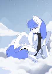 Size: 2480x3508 | Tagged: safe, artist:arctic-fox, imported from derpibooru, oc, oc only, oc:snow pup, pegasus, pony, boop, chest fluff, clothes, cloud, eyes closed, female, giggling, mare, on a cloud, scarf, self-boop, sitting, sitting on a cloud, solo, spread wings, stars, wings