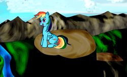 Size: 2320x1412 | Tagged: safe, artist:almaustral, imported from derpibooru, rainbow dash, pegasus, pony, backwards cutie mark, cloud, female, mare, outdoors, river, solo