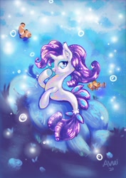 Size: 1240x1754 | Tagged: safe, artist:avui, imported from derpibooru, rarity, sea pony, seapony (g4), unicorn, clownfish, female, seaponified, seapony rarity, solo, species swap, underwater