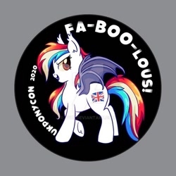 Size: 600x600 | Tagged: safe, artist:avui, imported from derpibooru, oc, oc only, oc:britannia, oc:britannia (uk ponycon), bat pony, pony, deviantart watermark, metallic button, obtrusive watermark, solo, ukponycon, watermark, with text