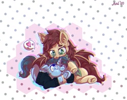 Size: 1396x1107 | Tagged: safe, artist:avui, imported from derpibooru, oc, oc only, oc:slumber tea, oc:tesseract, bat pony, pony, unicorn, abstract background, clothes, couple, female, heart, love, male, shipping, slumberact, straight