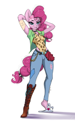 Size: 1244x2048 | Tagged: safe, artist:skitsniga, artist:skitsroom, imported from derpibooru, pinkie pie, anthro, earth pony, plantigrade anthro, alternate hairstyle, arm behind head, boots, brow piercing, candy, clothes, food, heel pop, high heel boots, high heels, jeans, knee-high boots, leotard, lollipop, looking at you, mismatched footwear, mouth hold, pants, punk, ripped jeans, scar, shirt, shoes, simple background, slippers, solo, tail wrap, undercut, white background