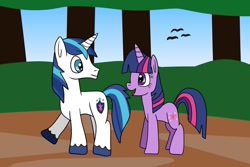 Size: 1280x854 | Tagged: safe, artist:platinumdrop, imported from derpibooru, shining armor, twilight sparkle, unicorn, brother and sister, female, looking at each other, male, mare, request, siblings, stallion, tree, unicorn twilight