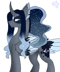 Size: 1285x1545 | Tagged: safe, artist:toptian, imported from derpibooru, oc, oc only, oc:artemis, alicorn, pony, pandoraverse, alicorn oc, curved horn, ethereal mane, horn, interspecies offspring, offspring, parent:oc:daedalus ravenwing, parent:princess luna, parents:canon x oc, signature, simple background, solo, starry mane, white background, wings