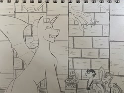 Size: 3609x2706 | Tagged: safe, artist:sipioc, imported from derpibooru, daring do, oc, oc:blank page, alicorn, bat pony, pegasus, sketch, statue, thestral, torch, traditional art