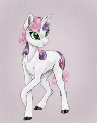 Size: 2318x2948 | Tagged: safe, artist:joestick, editor:vedont, imported from derpibooru, sweetie belle, pony, unicorn, cutie mark, female, filly, older, pink background, realistic horse legs, simple background, solo, the cmc's cutie marks