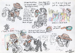 Size: 2900x2068 | Tagged: safe, artist:grimmyweirdy, imported from derpibooru, oc, oc:glyph, oc:grim w. stripes, oc:mivera, pony, zebra, comic:grims weird adventures, bag, canteen, compass, hat, knife, map, ruins, saddle bag, tattoo, tourist, traditional art, zebra oc