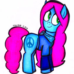 Size: 1264x1264 | Tagged: safe, artist:insomniaqueen, imported from derpibooru, oc, oc only, earth pony, pony, clothes, earth pony oc, female, mare, neckerchief, peace symbol, signature, simple background, smiling, solo, traditional art, white background