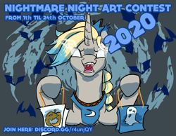 Size: 1167x905 | Tagged: safe, artist:firelorda2, imported from derpibooru, oc, oc only, oc:orenda azure, bat, pony, unicorn, bag, candy bag, contest, discord (program), glowing eyes, hoof hold, link in description, nightmare night, sombra eyes