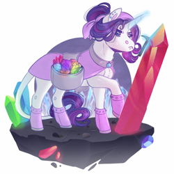 Size: 900x900 | Tagged: safe, artist:sadelinav, imported from derpibooru, rarity, pony, unicorn, alternate hairstyle, bag, boots, cape, clothes, crystal, dirt cube, ear piercing, female, floating island, gem, glowing horn, hair bun, headscarf, horn, leonine tail, looking at something, magic, mare, pickaxe, piercing, raised hoof, saddle bag, scarf, shoes, simple background, solo, standing, sweat, telekinesis, white background