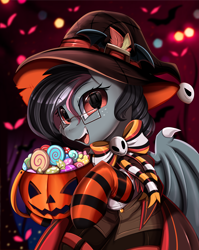 Size: 2550x3209 | Tagged: safe, artist:pridark, imported from derpibooru, part of a set, oc, oc only, bat pony, pony, basket, bat pony oc, bat wings, candy, clothes, commission, food, glasses, halloween, hat, holiday, jack-o-lantern, open mouth, pumpkin, pumpkin bucket, socks, solo, striped socks, wings, witch hat, ych result