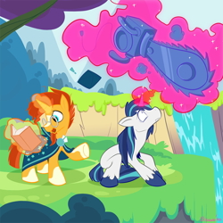 Size: 900x900 | Tagged: safe, artist:boscoloandrea, artist:dingopatagonico, imported from derpibooru, shining armor, sunburst, pony, unicorn, angels (evangelion), book, chainsaw, magic, ramiel, spell, waterfall