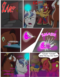 Size: 1100x1401 | Tagged: safe, artist:cactuscowboydan, imported from derpibooru, big macintosh, flash sentry, shining armor, trouble shoes, clydesdale, earth pony, pegasus, pony, unicorn, comic:the birth of speedy hooves, basement, book, broken, butt, comic, commissioner:bigonionbean, cutie mark, dialogue, door, door slam, dresser, flank, flashback, frightened, fusion, gas, hat, laboratory, light, magic, male, plot, potion, scared, shattered, shattered glass, speech bubble, stallion, underground, unshorn fetlocks, writer:bigonionbean