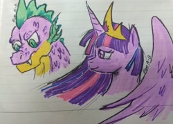 Size: 2997x2149 | Tagged: safe, artist:alom-b93, imported from derpibooru, spike, twilight sparkle, alicorn, dragon, pony, the last problem, bust, fanfic art, female, frown, gigachad spike, horn, jewelry, lined paper, male, mare, older, older spike, princess twilight 2.0, tiara, traditional art, twilight sparkle (alicorn), wings