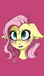 Size: 698x1200 | Tagged: safe, artist:pandacakeparty, imported from derpibooru, fluttershy, pony, blushing, bust, ear fluff, ear freckles, ear piercing, female, floppy ears, freckles, gap teeth, heart eyes, looking at you, mare, open mouth, piercing, pink background, portrait, simple background, solo, stray strand, three quarter view, wingding eyes