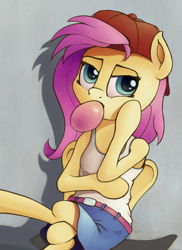 Size: 1600x2200 | Tagged: safe, artist:razzlephidazzle, imported from derpibooru, fluttershy, pegasus, pony, semi-anthro, 90s grunge fluttershy, backwards ballcap, baseball cap, bubblegum, cap, clothes, crossed legs, food, gameloft interpretation, gum, hat, sitting, skateboard, skirt, solo, tanktop