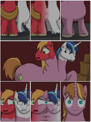 Size: 1000x1340 | Tagged: safe, artist:cactuscowboydan, imported from derpibooru, big macintosh, shining armor, oc, oc:home defence, earth pony, pony, unicorn, comic:the birth of speedy hooves, comic:the fusion flashback, butt, comic, commissioner:bigonionbean, confused, dat ass was fat, extra thicc, flank, flashback, fuse, fusion, fusion:big macintosh, fusion:home defence, fusion:shining armor, male, merge, merging, parent:big macintosh, parent:shining armor, plot, shocked, stallion, the ass was fat, thicc ass, wide hips, writer:bigonionbean