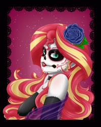 Size: 1638x2048 | Tagged: safe, artist:albertbm, imported from derpibooru, sunset shimmer, equestria girls, bust, choker, clothes, costume, dia de los muertos, female, halloween, halloween costume, holiday, lipstick, makeup, skeleton costume, solo