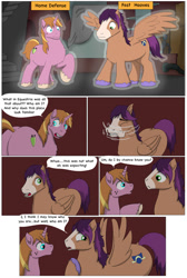 Size: 1000x1492 | Tagged: safe, artist:cactuscowboydan, imported from derpibooru, oc, oc only, oc:fast hooves, oc:home defence, clydesdale, earth pony, pegasus, pony, unicorn, comic:the birth of speedy hooves, butt, comic, commissioner:bigonionbean, confused, cutie mark, dialogue, extra thicc, flank, flashback, fusion, fusion:big macintosh, fusion:fast hooves, fusion:flash sentry, fusion:home defence, fusion:shining armor, fusion:trouble shoes, head shake, magic, male, parent:big macintosh, parent:shining armor, plot, shocked, stallion, writer:bigonionbean