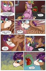 Size: 2036x3148 | Tagged: safe, artist:candyclumsy, imported from derpibooru, oc, oc only, oc:fast hooves, oc:home defence, clydesdale, earth pony, pegasus, pony, unicorn, comic:the birth of speedy hooves, apple, butt, comic, commissioner:bigonionbean, confused, cutie mark, dialogue, extra thicc, falling, flank, flashback, food, fusion, fusion:big macintosh, fusion:fast hooves, fusion:flash sentry, fusion:home defence, fusion:shining armor, fusion:trouble shoes, head shake, magic, male, nibbling, parent:big macintosh, parent:shining armor, plot, shocked, stallion, surprised, thoughts, tripping, wing slap, writer:bigonionbean