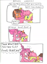 Size: 1611x2183 | Tagged: safe, artist:cmara, imported from derpibooru, cheese sandwich, li'l cheese, pinkie pie, earth pony, pony, the last problem, angry, big hero 6, bipedal, cheesepie, comic, eyes closed, father and child, father and daughter, father and son, female, filly, gritted teeth, hug, male, mare, mother and child, mother and daughter, mother and son, older, older cheese sandwich, older pinkie pie, open mouth, pinkie pie is not amused, shipping, simple background, stallion, straight, unamused, white background