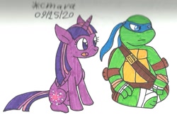 Size: 1251x811 | Tagged: safe, artist:cmara, imported from derpibooru, twilight sparkle, alicorn, anthro, pony, turtle, bandana, duo, female, handana, leonardo, male, mare, open mouth, simple background, sitting, teenage mutant ninja turtles, tmnt 2012, traditional art, twilight sparkle (alicorn), white background