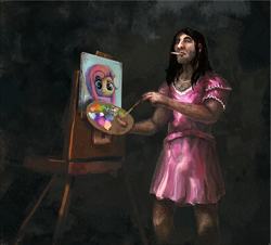 Size: 800x722 | Tagged: safe, artist:nemo2d, imported from derpibooru, fluttershy, human, clothes, dress, easel, oldfag, painting, self deprecation, smoking