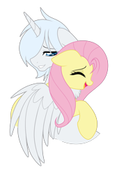 Size: 3067x4298 | Tagged: safe, artist:darkstorm mlp, imported from derpibooru, fluttershy, oc, oc:wishing star, alicorn, pegasus, alicorn oc, female, happy, horn, hug, huggle, male, mare, simple background, smiling, stallion, transparent background, winghug, wings