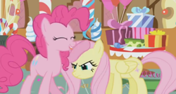 Size: 496x266 | Tagged: safe, artist:sugar morning, imported from derpibooru, screencap, fluttershy, pinkie pie, earth pony, pegasus, pony, griffon the brush off, season 1, duo, eyes closed, fluttershy is not amused, hoof on head, i'm a year older than you, i'm older than you, sugarcube corner, unamused